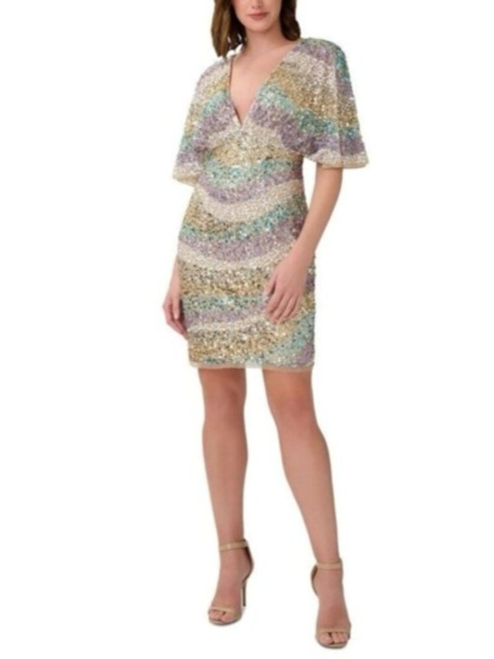 Aidan Mattox Size 12 Gold Sequin Cocktail Dress w/Teal & Lavender Accents